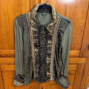 Tricotto Olive Green Velvet/Cotton Ruffled Zip-up with Beautiful Embellishments
